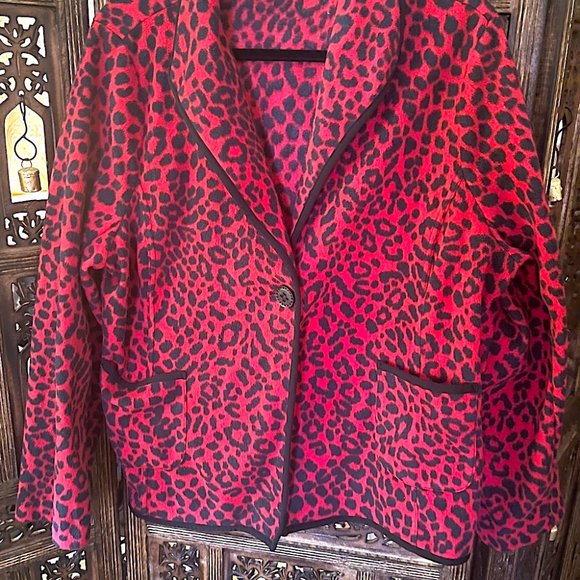 SUSAN GRAVER RED AND BLACK LEOPARD ANIMAL PRINT SOFT BLAZER JACKET XL - Picture 2 of 4